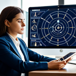 A professional woman in a modest, contemporary business suit, sitting comfortably at a sleek, minimalist desk in a modern, sunlit office. She is gazing thoughtfully at a tablet displaying a beautifully rendered astrological chart, with subtle, abstract celestial elements in the background. The scene emphasizes introspection and the popular appeal of self-discovery. Perfect anatomy, correct proportions, natural pose, well-formed hands, proper finger count, natural body proportions, professional photography, high quality, safe for work, appropriate content, fully clothed, professional.