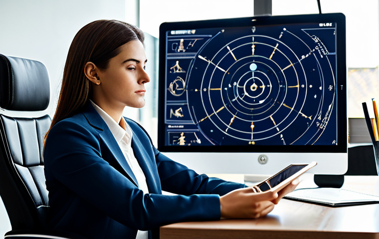 A professional woman in a modest, contemporary business suit, sitting comfortably at a sleek, minimalist desk in a modern, sunlit office. She is gazing thoughtfully at a tablet displaying a beautifully rendered astrological chart, with subtle, abstract celestial elements in the background. The scene emphasizes introspection and the popular appeal of self-discovery. Perfect anatomy, correct proportions, natural pose, well-formed hands, proper finger count, natural body proportions, professional photography, high quality, safe for work, appropriate content, fully clothed, professional.